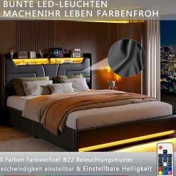 Lit Coffre 140x200 cm, avec LED et USB, Lit Double Rembourre, avec Rangement, Tete de Lit, PU, Noir