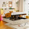 Lit Coffre 160x200 cm, avec LED et USB, Lit Double Rembourre, avec Rangement, Tete de Lit, Velours, Beige