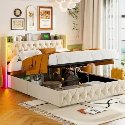 Lit Coffre 160x200 cm, avec LED et USB, Lit Double Rembourre, avec Rangement, Tete de Lit, Velours, Beige