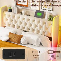 Lit Coffre 160x200 cm, avec LED et USB, Lit Double Rembourre, avec Rangement, Tete de Lit, Velours, Beige