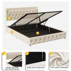 Lit Coffre 160x200 cm, avec LED et USB, Lit Double Rembourre, avec Rangement, Tete de Lit, Velours, Beige