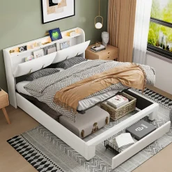 Lit coffre 140x200 cm avec LED, sommier à lattes, USB Type-C, capitonné velours blanc