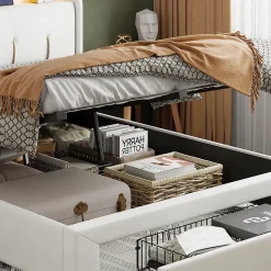 Lit coffre 140x200 cm avec LED, sommier à lattes, USB Type-C, capitonné velours blanc