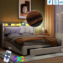 Lit Coffre 140x200 Cm Avec LED, Sommier à Lattes, USB Type-c, Capitonné Velours Blanc