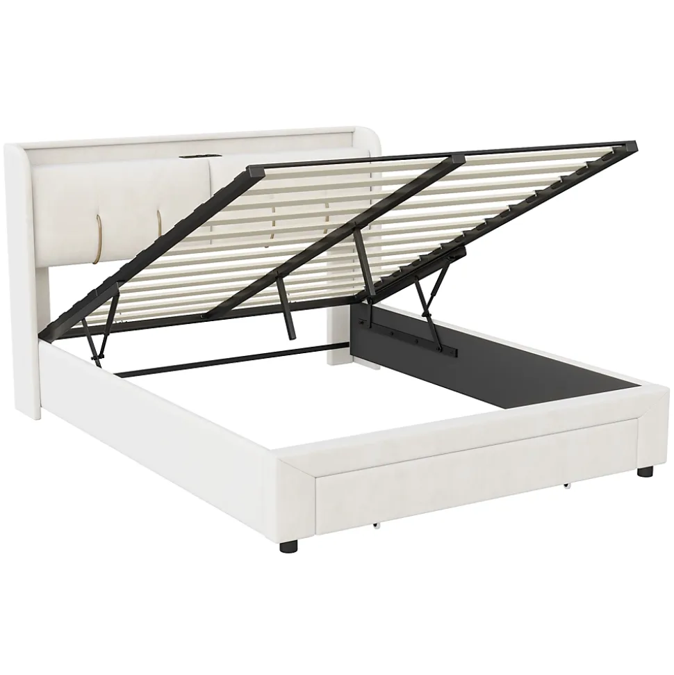 Lit Coffre 140x200 Cm Avec LED, Sommier à Lattes, USB Type-c, Capitonné Velours Blanc