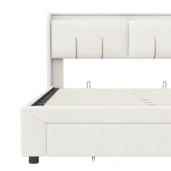 Lit Coffre 140x200 Cm Avec LED, Sommier à Lattes, USB Type-c, Capitonné Velours Blanc