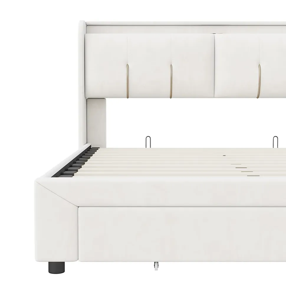 Lit Coffre 140x200 Cm Avec LED, Sommier à Lattes, USB Type-c, Capitonné Velours Blanc