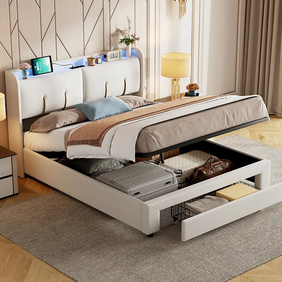 Lit Coffre 140x200 Cm Avec LED, Sommier à Lattes, USB Type-c, Capitonné Velours Blanc