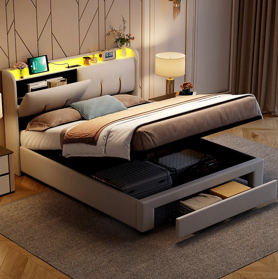 Lit Coffre 140x200 Cm Avec LED, Sommier à Lattes, USB Type-c, Capitonné Velours Blanc