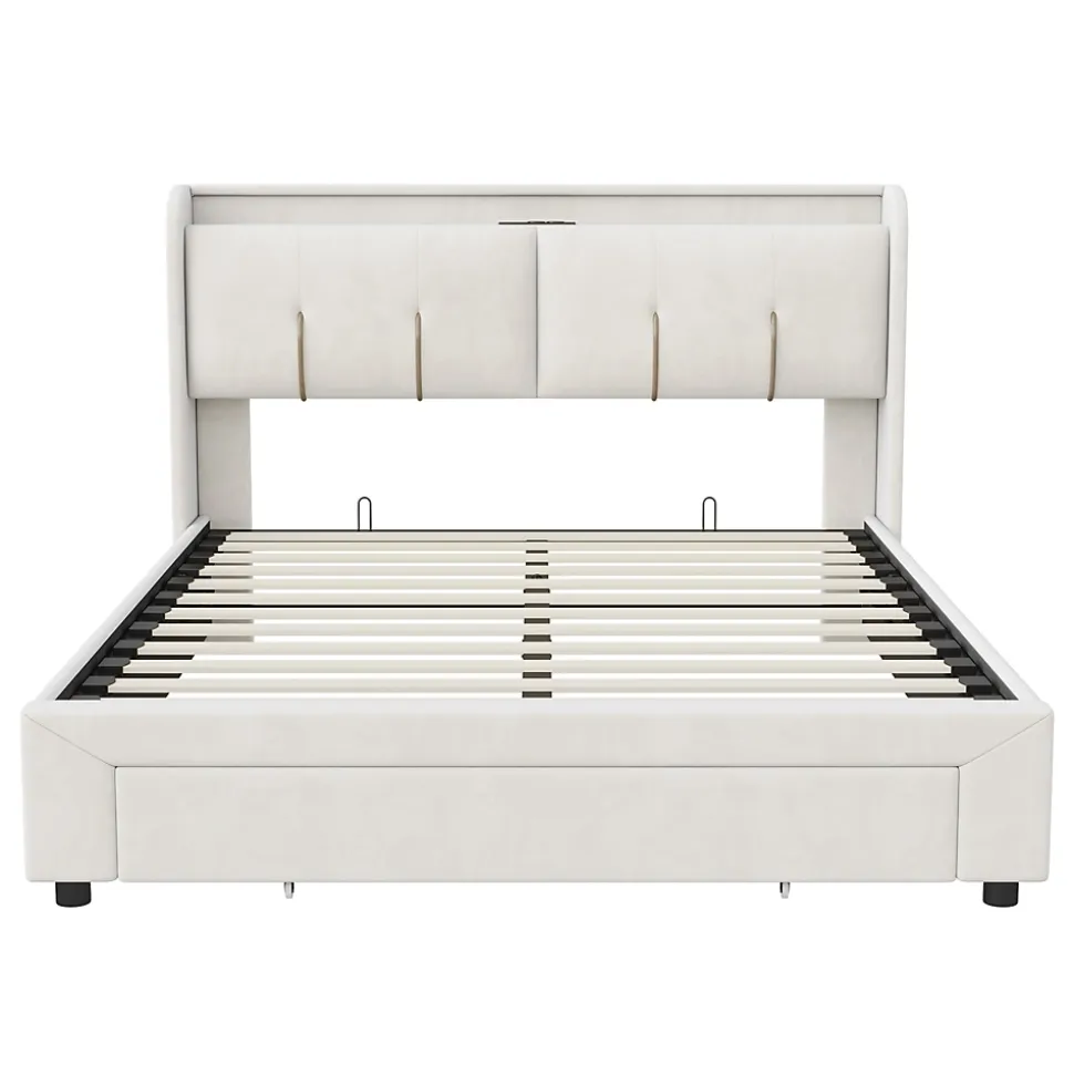 Lit Coffre 140x200 Cm Avec LED, Sommier à Lattes, USB Type-c, Capitonné Velours Blanc