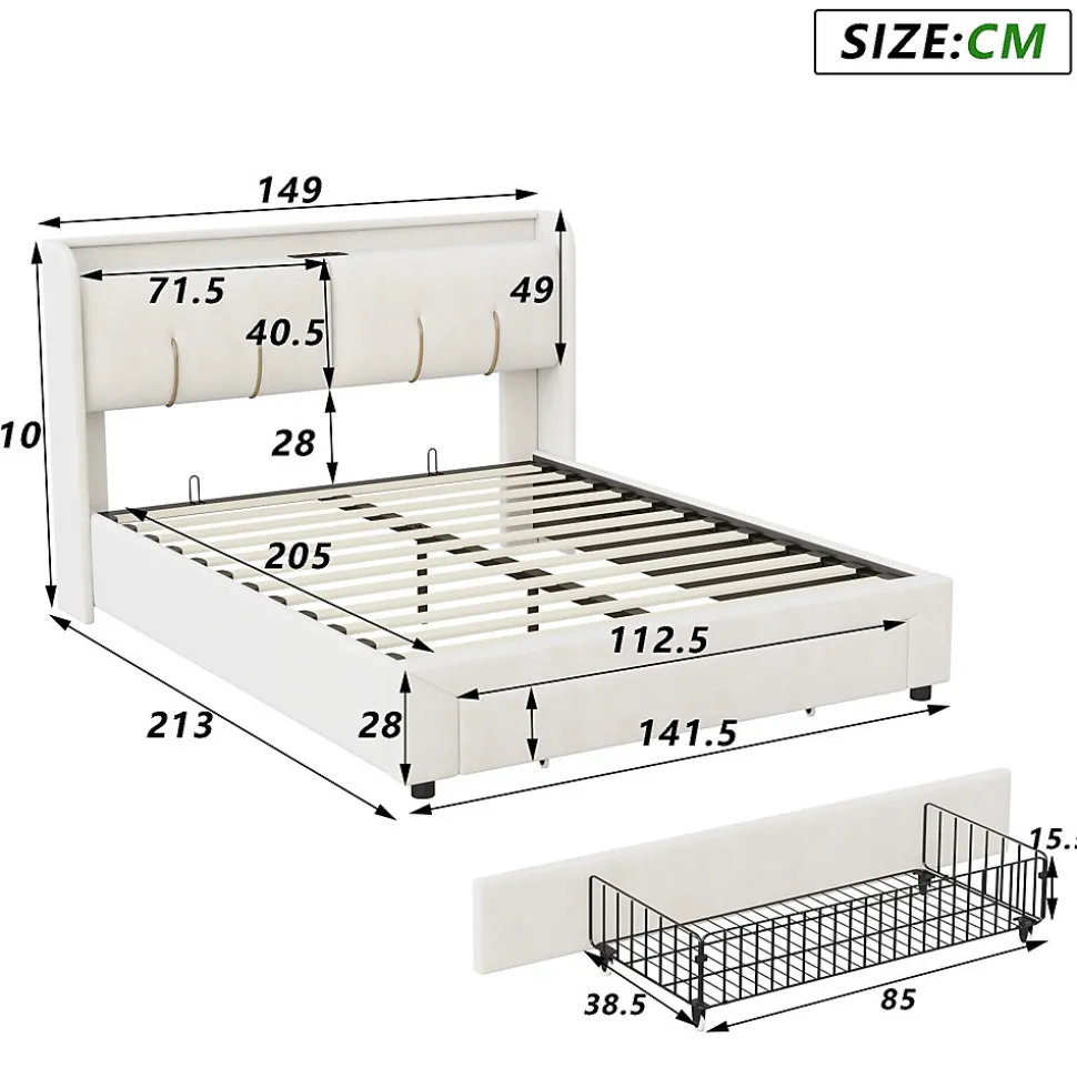 Lit Coffre 140x200 Cm Avec LED, Sommier à Lattes, USB Type-c, Capitonné Velours Blanc