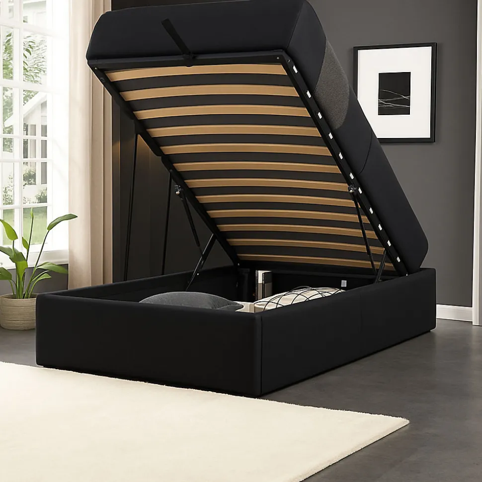 Lit coffre 90x200 cm avec pieds et 12 lattes - montage rapide et facile - design contemporain - espace de rangement optimal -