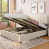 Lit coffre 160x200 cm avec rangement, capitonné velours beige, sommier LED, lattes