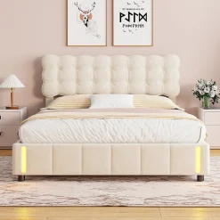 Lit coffre 160x200 cm avec rangement, capitonné velours beige, sommier LED, lattes