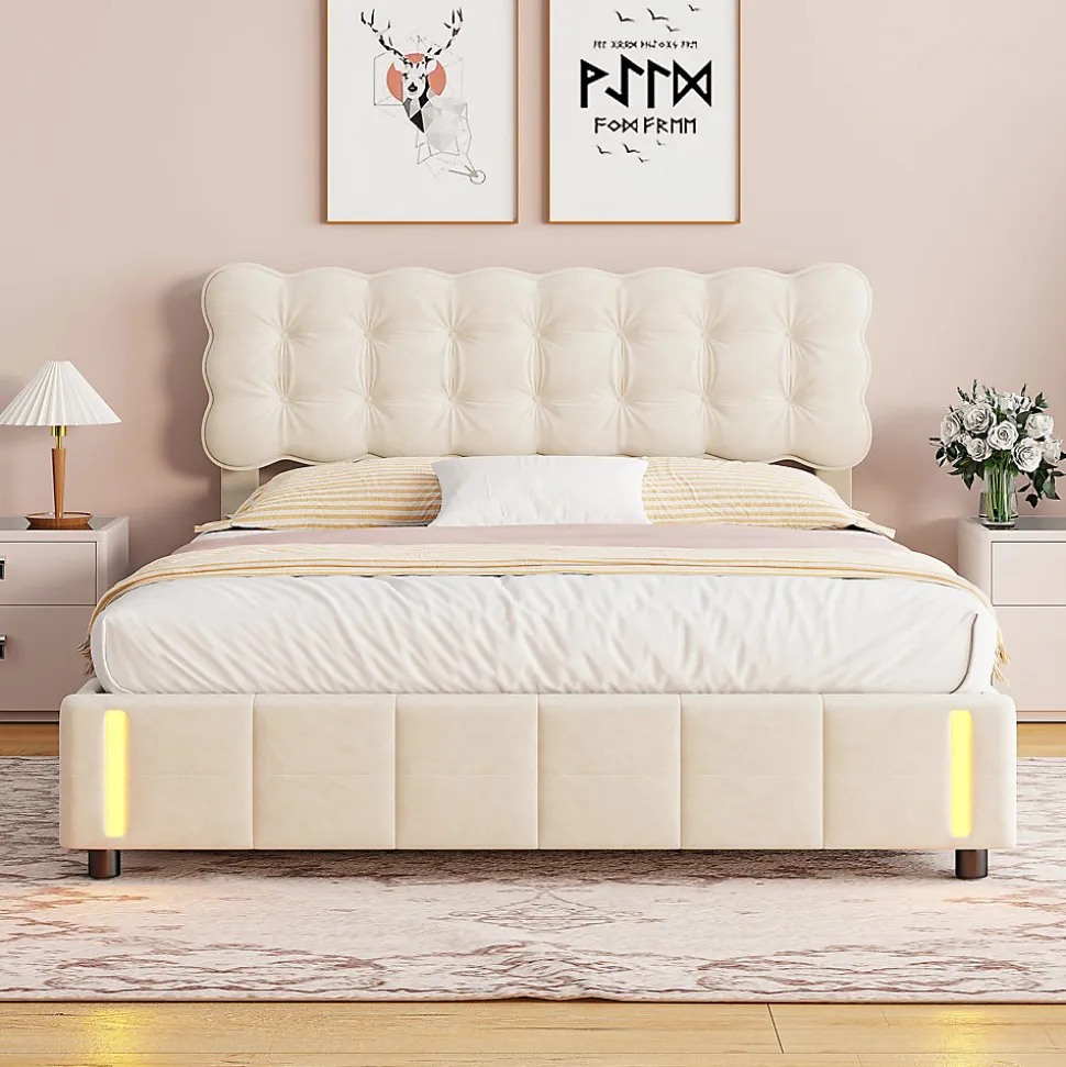 Lit coffre 160x200 cm avec rangement, capitonné velours beige, sommier LED, lattes