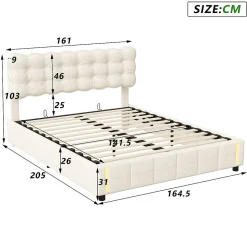 Lit coffre 160x200 cm avec rangement, capitonné velours beige, sommier LED, lattes