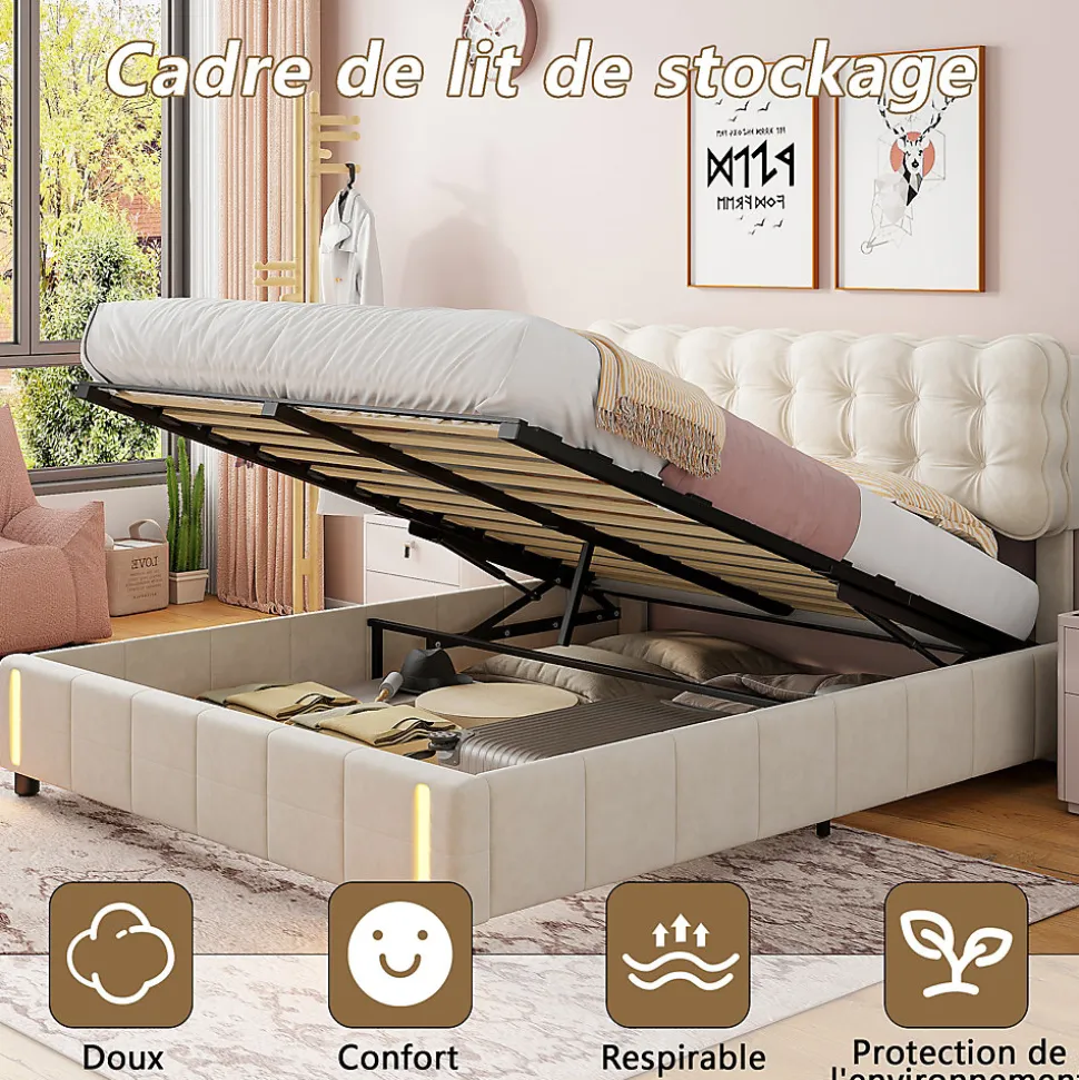 Lit coffre 160x200 cm avec rangement, capitonné velours beige, sommier LED, lattes