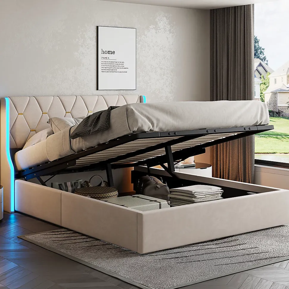 Lit Coffre 140x200 cm avec Rangement et LED, Cadre de lit avec Sommier à Lattes, Velours, Beige