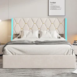 Lit Coffre 140x200 cm avec Rangement et LED, Cadre de lit avec Sommier à Lattes, Velours, Beige
