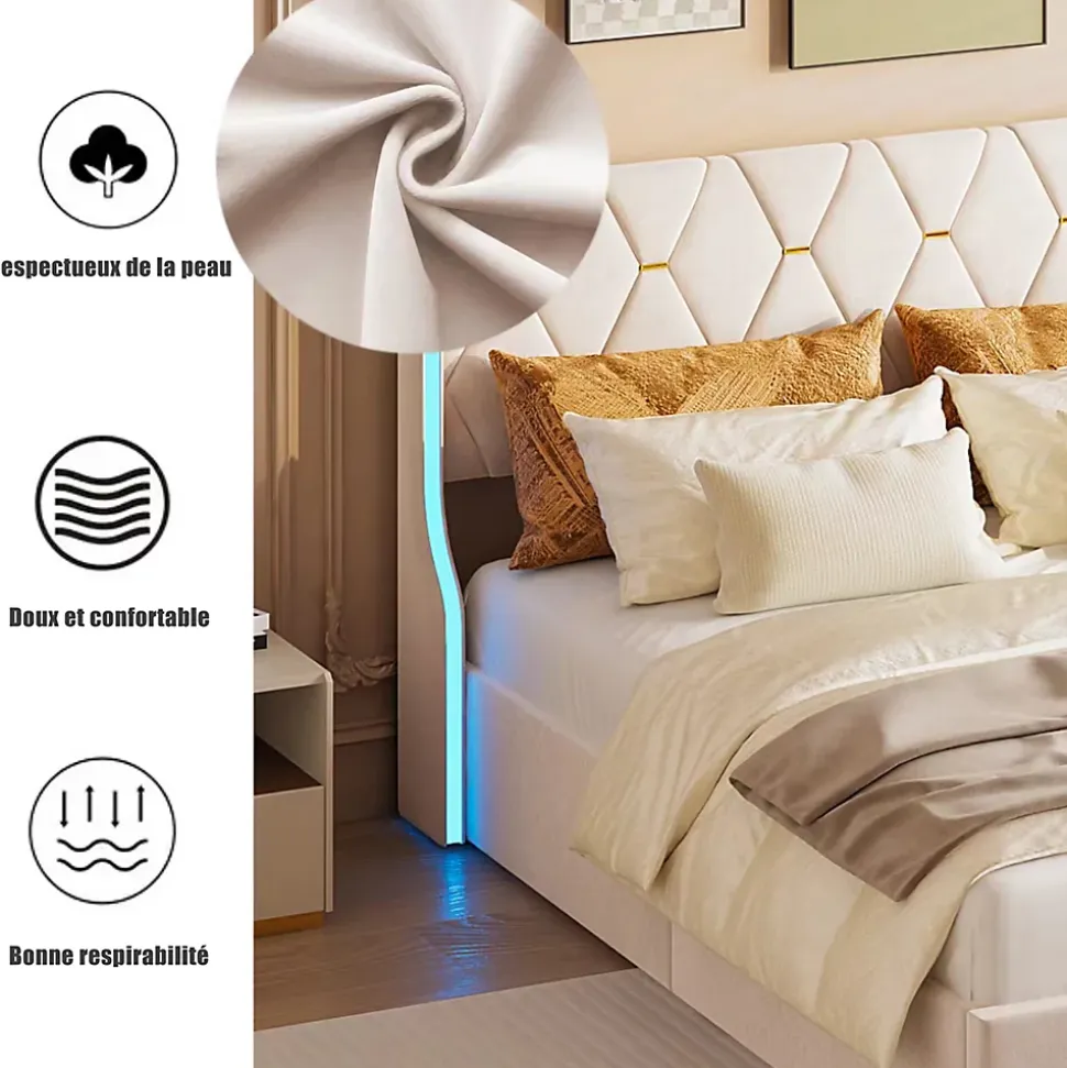 Lit Coffre 140x200 cm avec Rangement et LED, Cadre de lit avec Sommier à Lattes, Velours, Beige