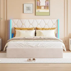 Lit Coffre 140x200 cm avec Rangement et LED, Cadre de lit avec Sommier à Lattes, Velours, Beige