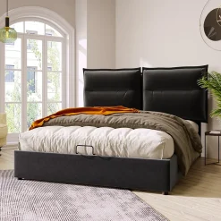 Lit Coffre 140x200 cm avec Rangement, Lit Double Adulte avec Tête Réglable et Sommier en Velours - Noir, Sans Matelas