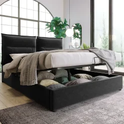 Lit Coffre 140x200 cm avec Rangement, Lit Double Adulte avec Tête Réglable et Sommier en Velours - Noir, Sans Matelas