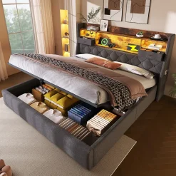 Lit coffre 140x200 cm avec rangement et tête de lit LED, ports USB et Type-C intégrés - lit double capitonné gris