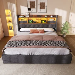 Lit coffre 140x200 cm avec rangement et tête de lit LED, ports USB et Type-C intégrés - lit double capitonné gris