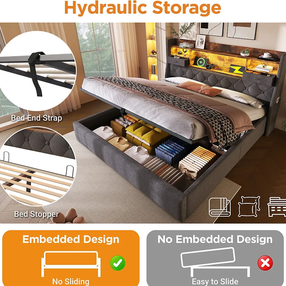 Lit coffre 140x200 cm avec rangement et tête de lit LED, ports USB et Type-C intégrés - lit double capitonné gris