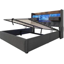 Lit coffre 140x200 cm avec rangement et tête de lit LED, ports USB et Type-C intégrés - lit double capitonné gris