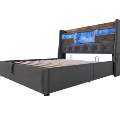 Lit coffre 140x200 cm avec rangement et tête de lit LED, ports USB et Type-C intégrés - lit double capitonné gris