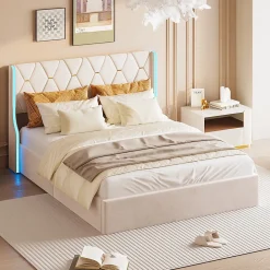Lit Coffre 160x200 cm avec Rangement et LED,Cadre de lit avec sommier à Lattes,Velours,Beige