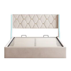 Lit Coffre 160x200 cm avec Rangement et LED,Cadre de lit avec sommier à Lattes,Velours,Beige