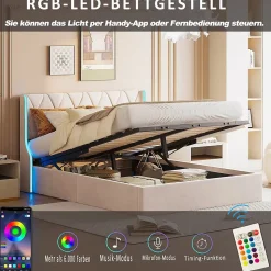 Lit Coffre 160x200 cm avec Rangement et LED,Cadre de lit avec sommier à Lattes,Velours,Beige