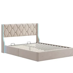 Lit Coffre 160x200 cm avec Rangement et LED,Cadre de lit avec sommier à Lattes,Velours,Beige