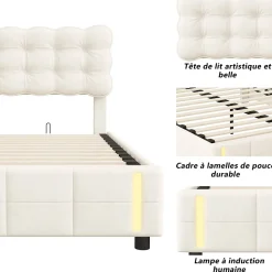 Lit coffre 140x200 cm avec rangement, capitonné velours beige, sommier LED, lattes