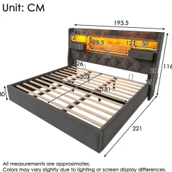 Lit coffre 180x200 cm avec rangement et tête de lit LED, ports USB et Type-C intégrés - lit double capitonné gris