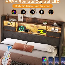 Lit coffre 180x200 cm avec rangement et tête de lit LED, ports USB et Type-C intégrés - lit double capitonné gris