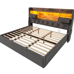 Lit coffre 180x200 cm avec rangement et tête de lit LED, ports USB et Type-C intégrés - lit double capitonné gris