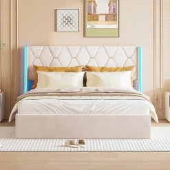 Lit Coffre 160x200 Cm Avec Rangement Et LED,cadre De Lit Avec Sommier à Lattes,velours,beige