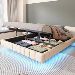 Lit Coffre 180x200 cm avec Sommier Relevable - Lit Double avec Rangement et Bande LED Intégrée - Tissu Beige - Sans Matelas