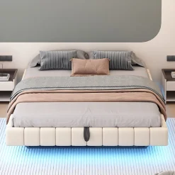 Lit Coffre 180x200 cm avec Sommier Relevable - Lit Double avec Rangement et Bande LED Intégrée - Tissu Beige - Sans Matelas
