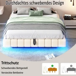 Lit Coffre 180x200 cm avec Sommier Relevable - Lit Double avec Rangement et Bande LED Intégrée - Tissu Beige - Sans Matelas