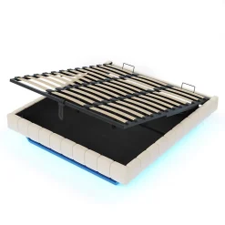 Lit Coffre 180x200 cm avec Sommier Relevable - Lit Double avec Rangement et Bande LED Intégrée - Tissu Beige - Sans Matelas