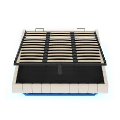 Lit Coffre 180x200 cm avec Sommier Relevable - Lit Double avec Rangement et Bande LED Intégrée - Tissu Beige - Sans Matelas