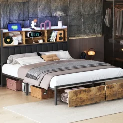 Lit Coffre 160x200 cm avec sommier à lattes, LED, 2 tiroirs, tête de lit capitonnée en PU, cadre métallique robuste