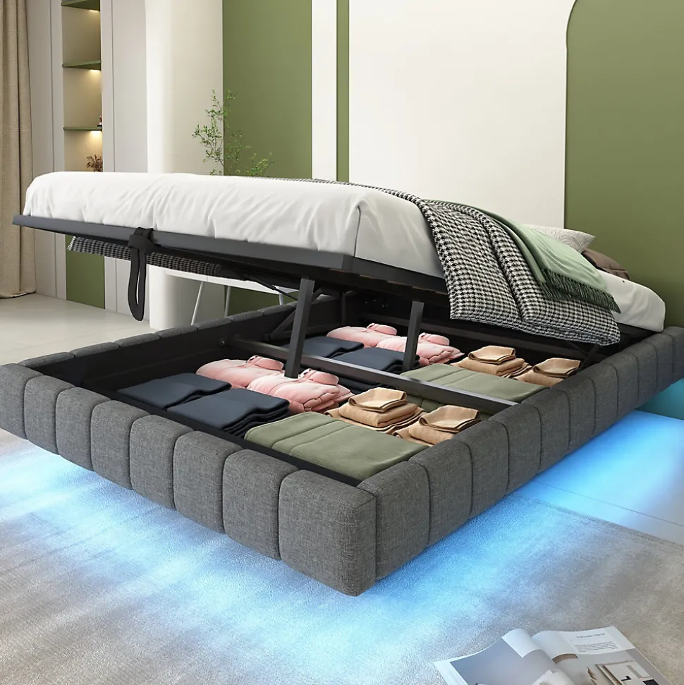 Lit Coffre 140x200 cm avec Sommier Relevable - Lit Double avec Rangement et Bande LED Intégrée - Tissu Gris - Sans Matelas