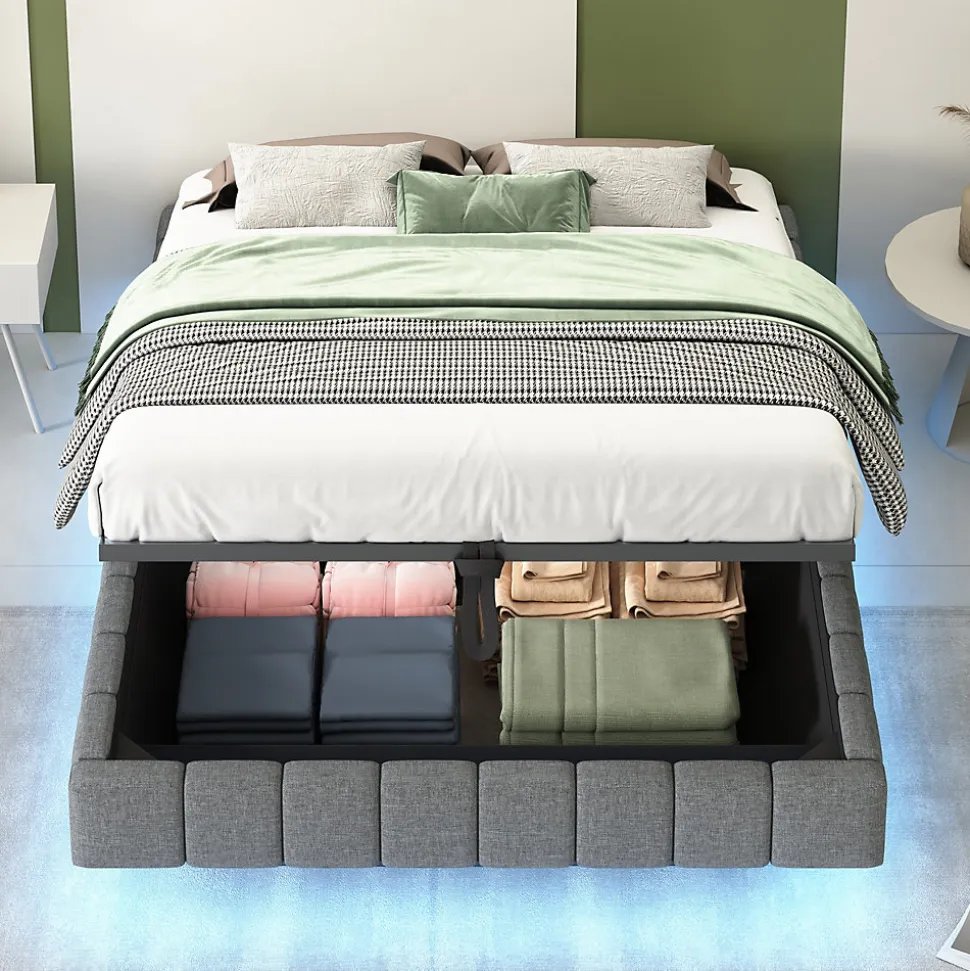 Lit Coffre 140x200 cm avec Sommier Relevable - Lit Double avec Rangement et Bande LED Intégrée - Tissu Gris - Sans Matelas