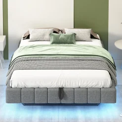 Lit Coffre 140x200 cm avec Sommier Relevable - Lit Double avec Rangement et Bande LED Intégrée - Tissu Gris - Sans Matelas